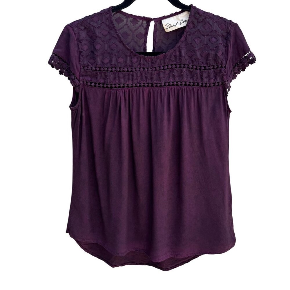 Sheryl Crow Womens Purple Boho Embroidered Mesh Yoke Pom Pom Trim Blouse Small